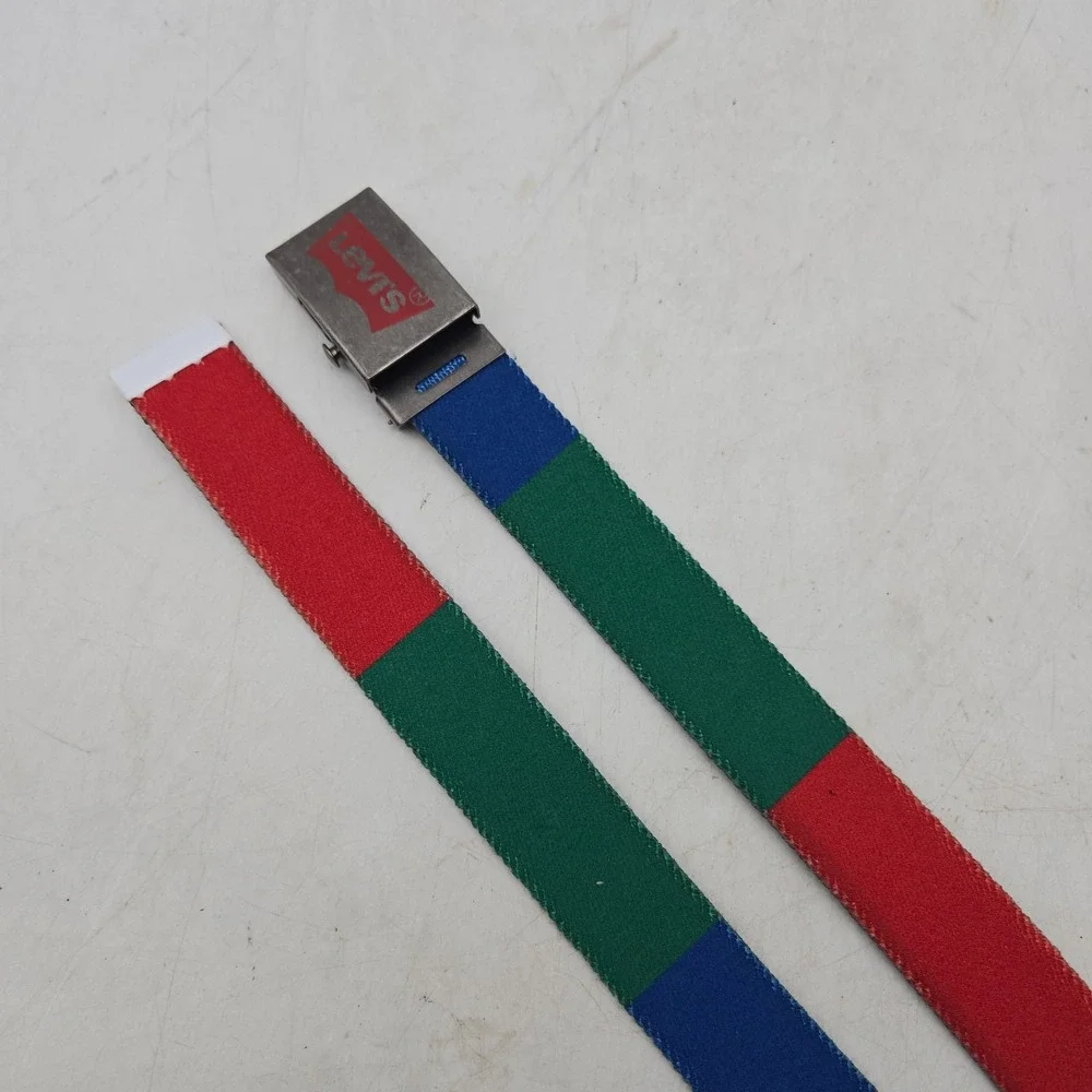 Levi's Belt Red Blue Green Colorblock Woven Stretch Mens 30 Gunmetal Buckle